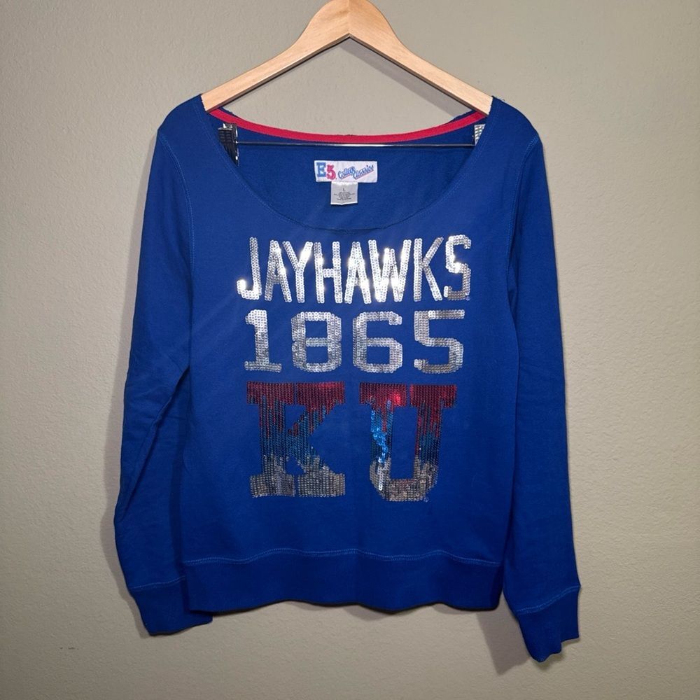 KU Jayhawks Blinged Out Sweatshirt Basketball NCAA Blue Sequined Top Size L